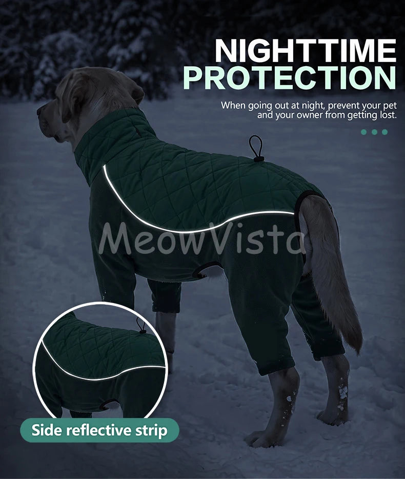 Winter Full Coverage Warm Dog Jumpsuit Reflective High Collar Quilted Padded Color‑Blocked Outdoor Outfit for Medium Large Dogs