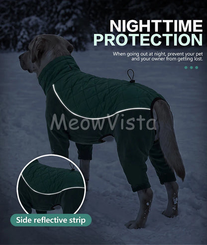 Winter Full Coverage Warm Dog Jumpsuit Reflective High Collar Quilted Padded Color‑Blocked Outdoor Outfit for Medium Large Dogs