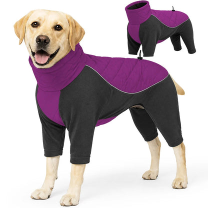 Winter Full Coverage Warm Dog Jumpsuit Reflective High Collar Quilted Padded Color‑Blocked Outdoor Outfit for Medium Large Dogs