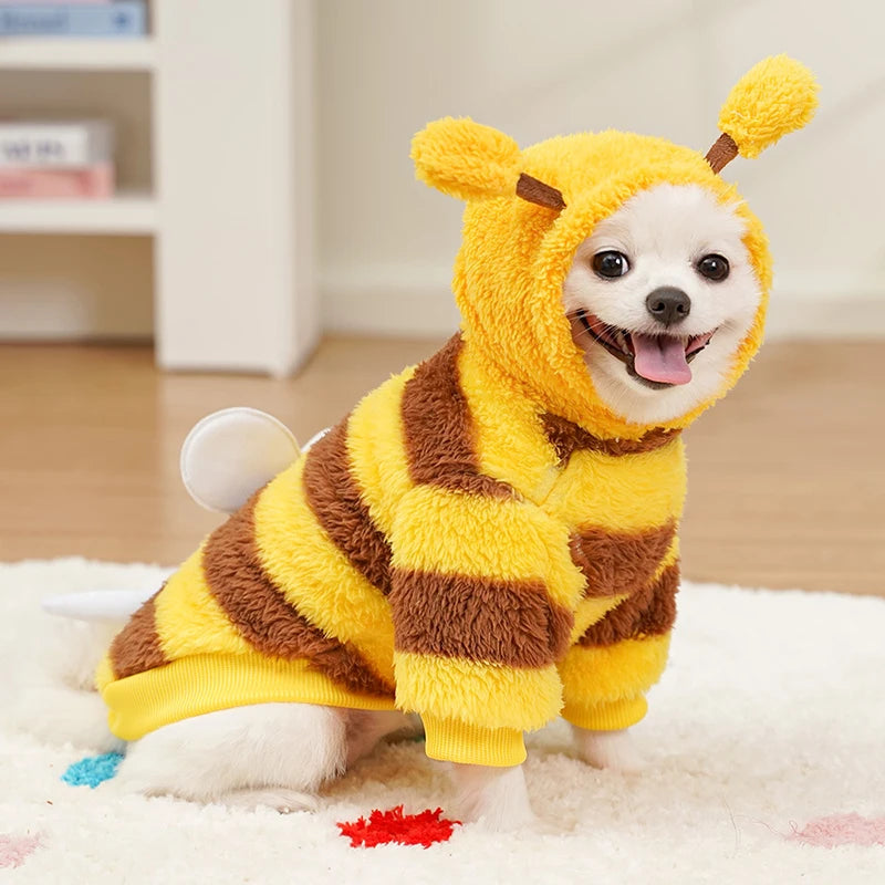 Funny Bee Style Plush Costume for Kitten Puppy Autumn Winter Soft Warm Cat Hoodies with Leash Hook Teddy Small Dog Clothes
