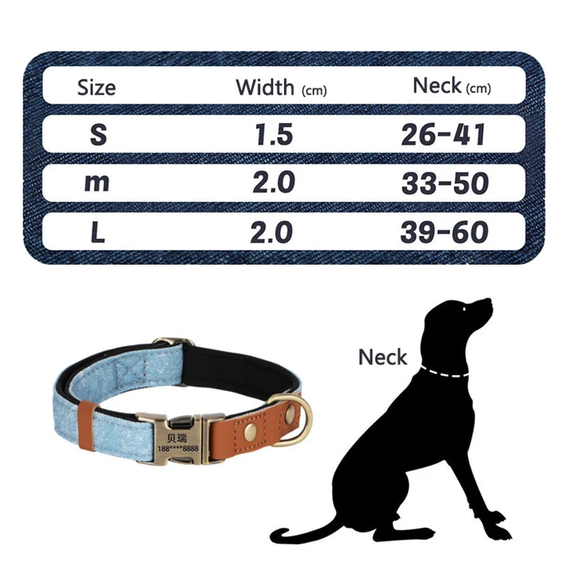 Personalized Denim Dog Collar with Engraved Quick Release Metal Buckle Adjustable Soft Padded anti-lost Pet Collar for Dogs