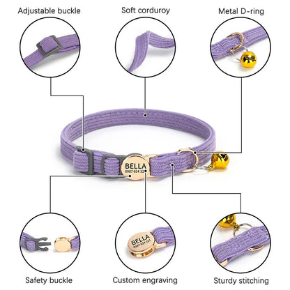 Adjustable Custom Engraved Cat Collar with Bell Anti-lost Durable Comfortable Soft Corduroy Kitten ID Collar Pet Safety Necklace