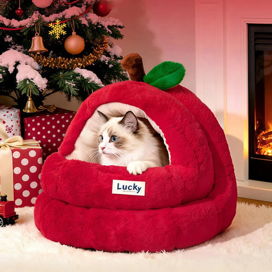 Semi-Enclosed Luxury Red Apple Cat House Large-size Detachable Cushion Warm Sleeping Kitten Cave Bed Christmas Pet Supplies