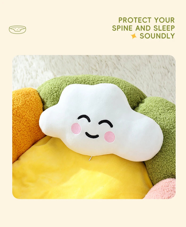 Cute Luxury Flower Cat Bed with Cloud-Shaped Pillow Winter Breathable Warm Ultra Soft Plush House Puppy Beds Cat Houses Indoor