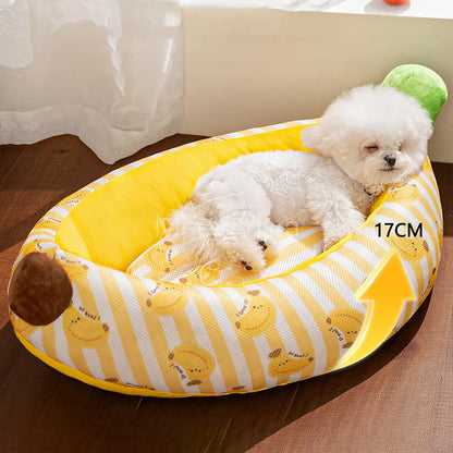 Banana Ice Silk Cooling Cat Bed with Dual-Sided Mat Non-Slip Comfortable Breathable Pet Sofa for Small Dogs Summer Pet Cushion