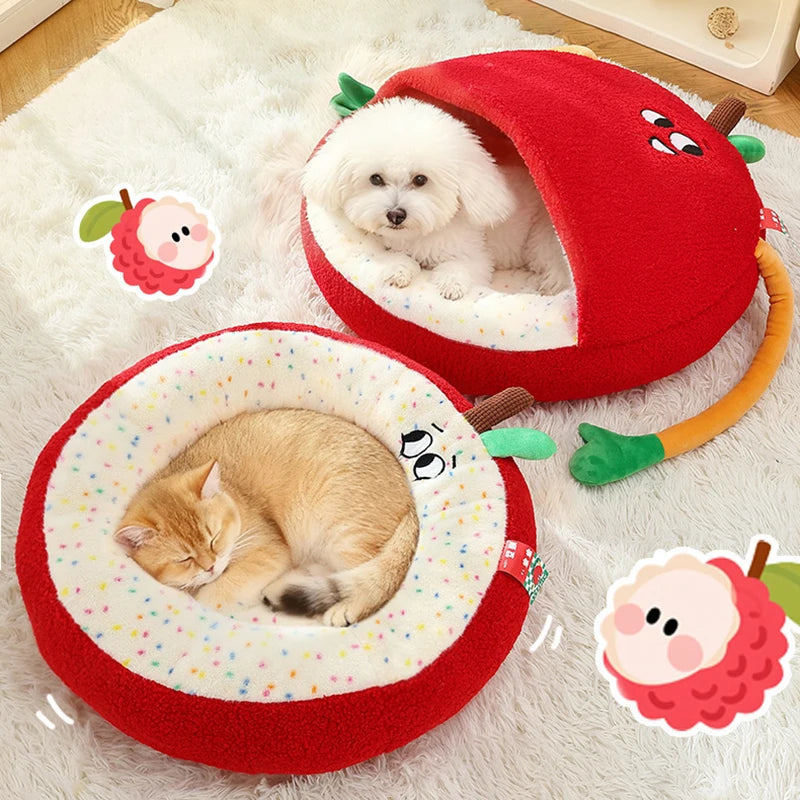 Luxurious Semi-enclosed Plush Cat House Bed Non-slip Soft Comfortable Winter Warm Pet Beds Christmas New Year Pet Accessories