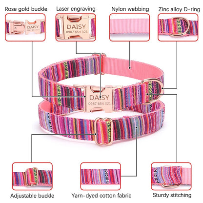 Bohemian Striped Dog Collar Custom Engraved with Rose Gold Buckle Personalized Nylon Collar for Small Large Dogs Daily Walking