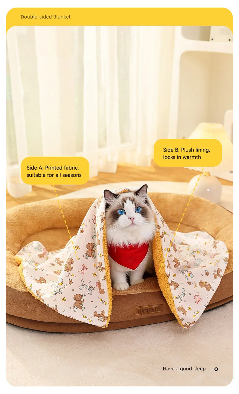 Soft Fluffy Pet Blanket with Pillow Double-sided Design Cute Printed Winter Soft Warm Sleeping Cat Bed Puppy Kitten Supplies