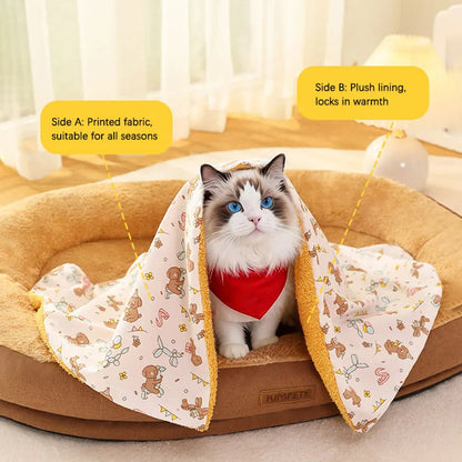 Soft Fluffy Pet Blanket with Pillow Double-sided Design Cute Printed Winter Soft Warm Sleeping Cat Bed Puppy Kitten Supplies