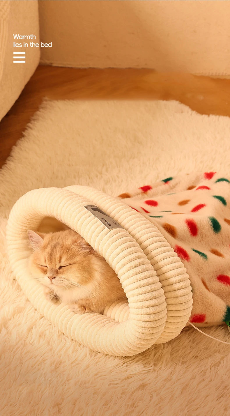 Fashion Dot Design Pet Sleeping Bag Luxury Double Sided Rabbit Fur Indoor Enclosed Warm Cat Bed Christmas New Year Pet Products