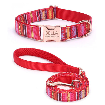 Bohemian Striped Dog Collar Custom Engraved with Rose Gold Buckle Personalized Nylon Collar for Small Large Dogs Daily Walking