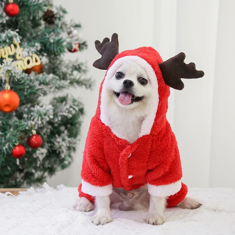 Christmas New Year Snap Design Dog Jumpsuits Winter Soft Warm Fleece Fashion Elk Santa Solid Pet Overalls Luxury Pet Costumes