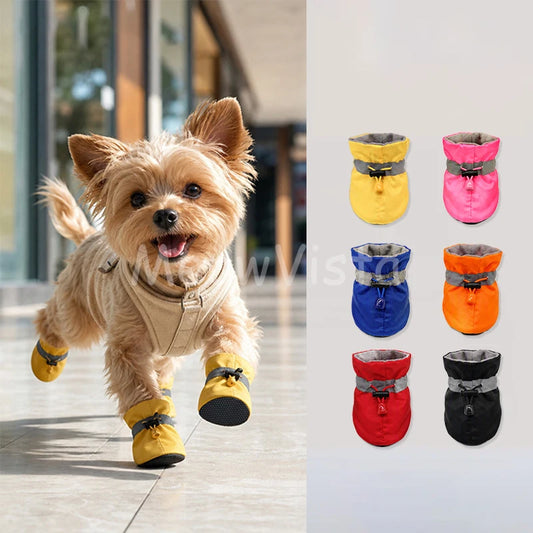 4Pcs Waterproof Anti‑Slip Dog Booties Adjustable Drawstring Soft warm Pet Dog Shoes for Puppy Yorkie Chihuahua Pet Accessories