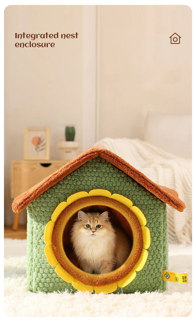 Thickened Enclosed Pet House Cute Sunflower Shape Removable Washable Winter Warm Deep Sleep Cave Sofa for Cats Cama Para Perro