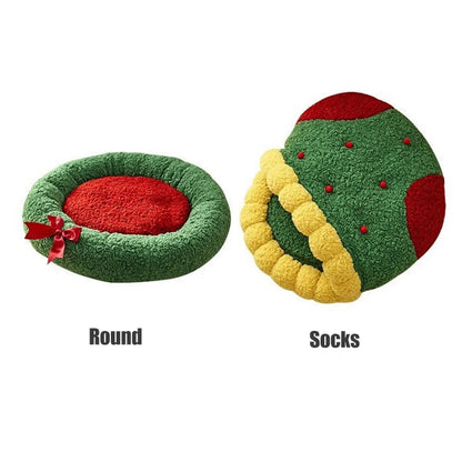 Christmas Sock Cat Sleeping Bag Thickened Semi Closed Winter Plush Warm Round Dog Beds with Detachable Pad Pet Indoor Furniture