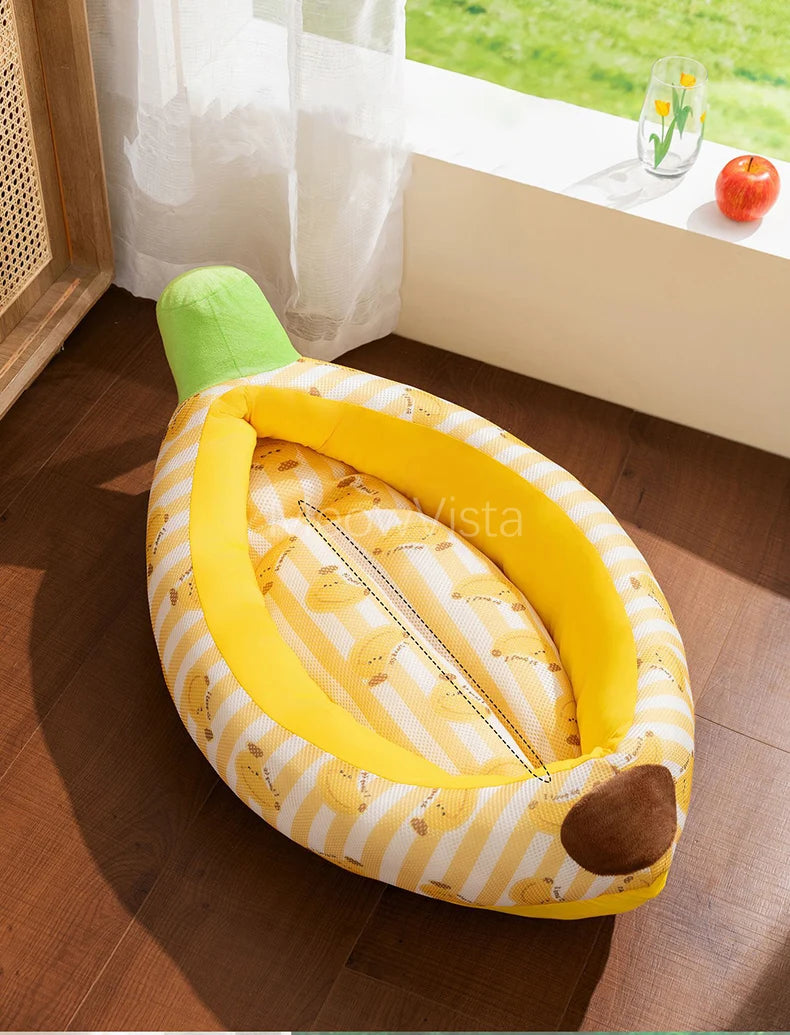 Banana Ice Silk Cooling Cat Bed with Dual-Sided Mat Non-Slip Comfortable Breathable Pet Sofa for Small Dogs Summer Pet Cushion