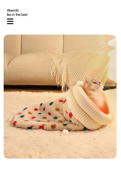 Fashion Dot Design Pet Sleeping Bag Luxury Double Sided Rabbit Fur Indoor Enclosed Warm Cat Bed Christmas New Year Pet Products