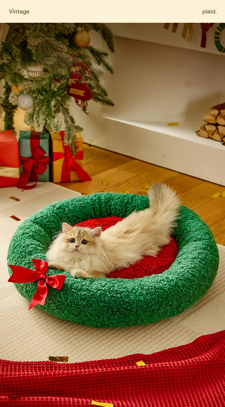 Christmas Sock Cat Sleeping Bag Thickened Semi Closed Winter Plush Warm Round Dog Beds with Detachable Pad Pet Indoor Furniture