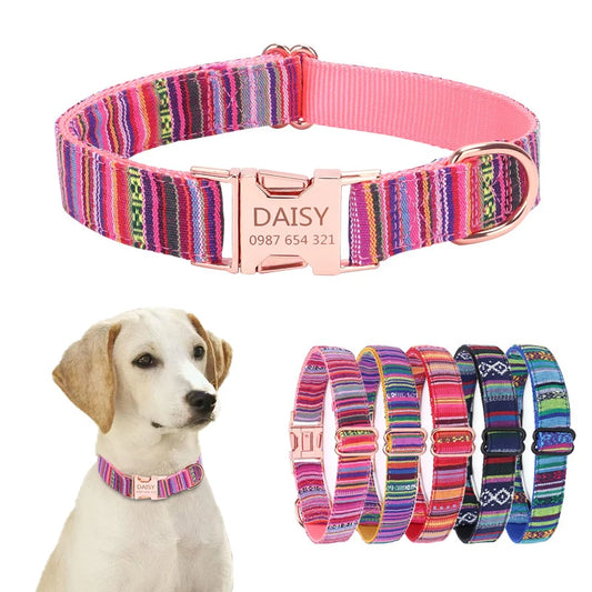 Bohemian Striped Dog Collar Custom Engraved with Rose Gold Buckle Personalized Nylon Collar for Small Large Dogs Daily Walking