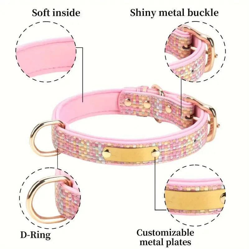 Personalized Luxury Plaid Tweed Dog Collar Custom Engraved Name Number Soft Padded Adjustable Collar for Small Medium Large Dogs