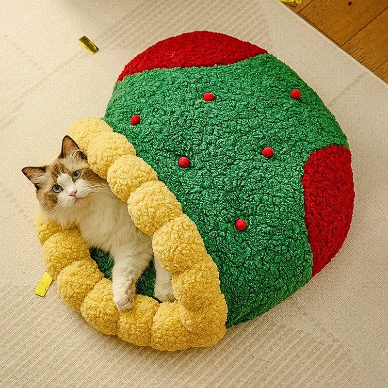 Christmas Sock Cat Sleeping Bag Thickened Semi Closed Winter Plush Warm Round Dog Beds with Detachable Pad Pet Indoor Furniture