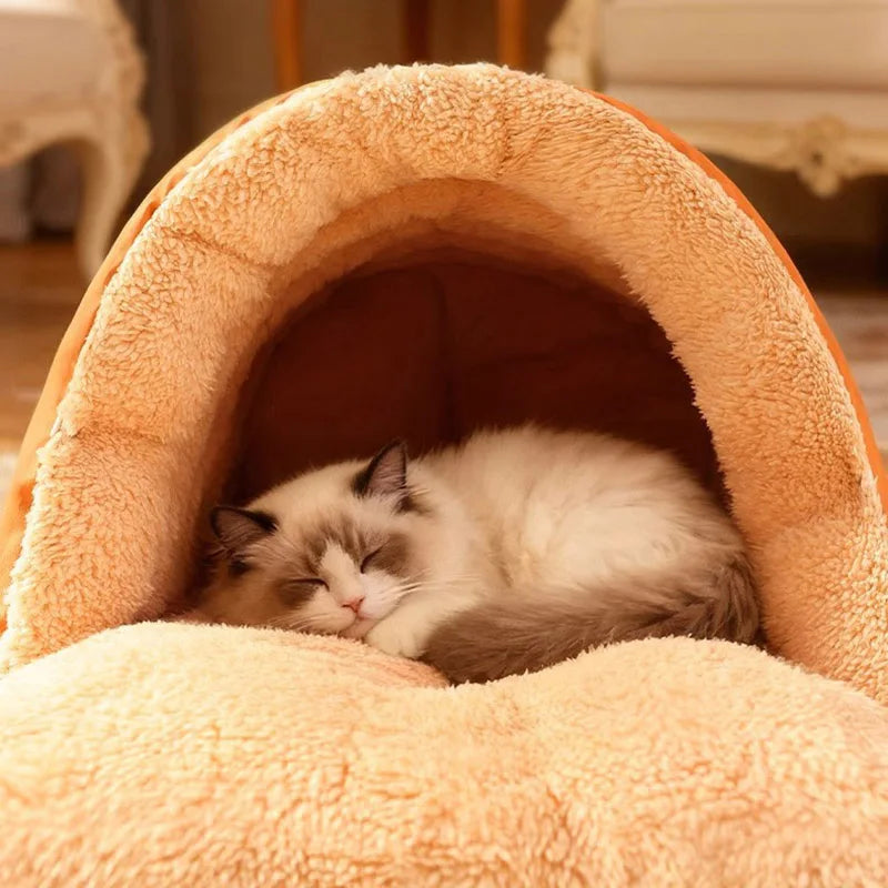 Semi-Enclosed Cat Cave Bed Ultra Cozy Warm Anti-Anxiety Cat Sleeping Bag Soft Large Space Washable Indoor Pet Bed for Kittens