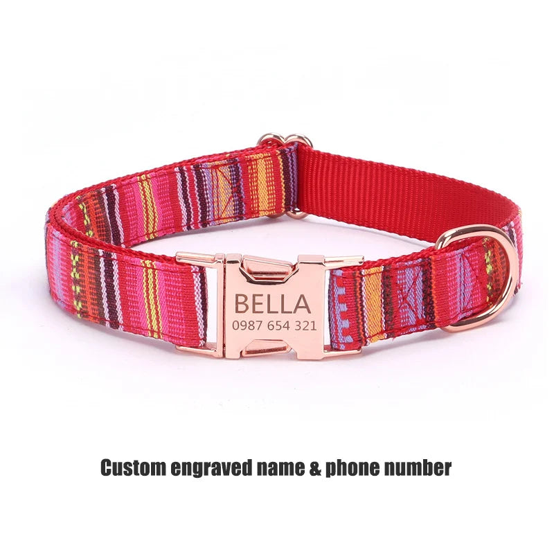 Bohemian Striped Dog Collar Custom Engraved with Rose Gold Buckle Personalized Nylon Collar for Small Large Dogs Daily Walking