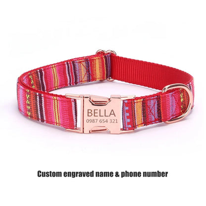 Bohemian Striped Dog Collar Custom Engraved with Rose Gold Buckle Personalized Nylon Collar for Small Large Dogs Daily Walking