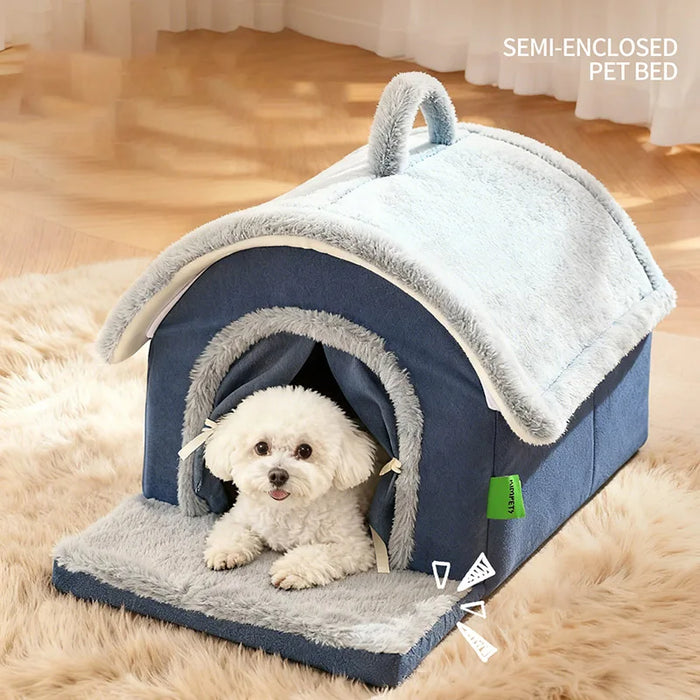 Luxurious Removable Dog House with Handle Enclosed Soft Plush Anti-Slip Pet Shelter Warm Calming Indoor Bed for Puppy Puppies