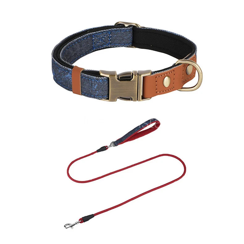 Personalized Denim Dog Collar with Engraved Quick Release Metal Buckle Adjustable Soft Padded anti-lost Pet Collar for Dogs