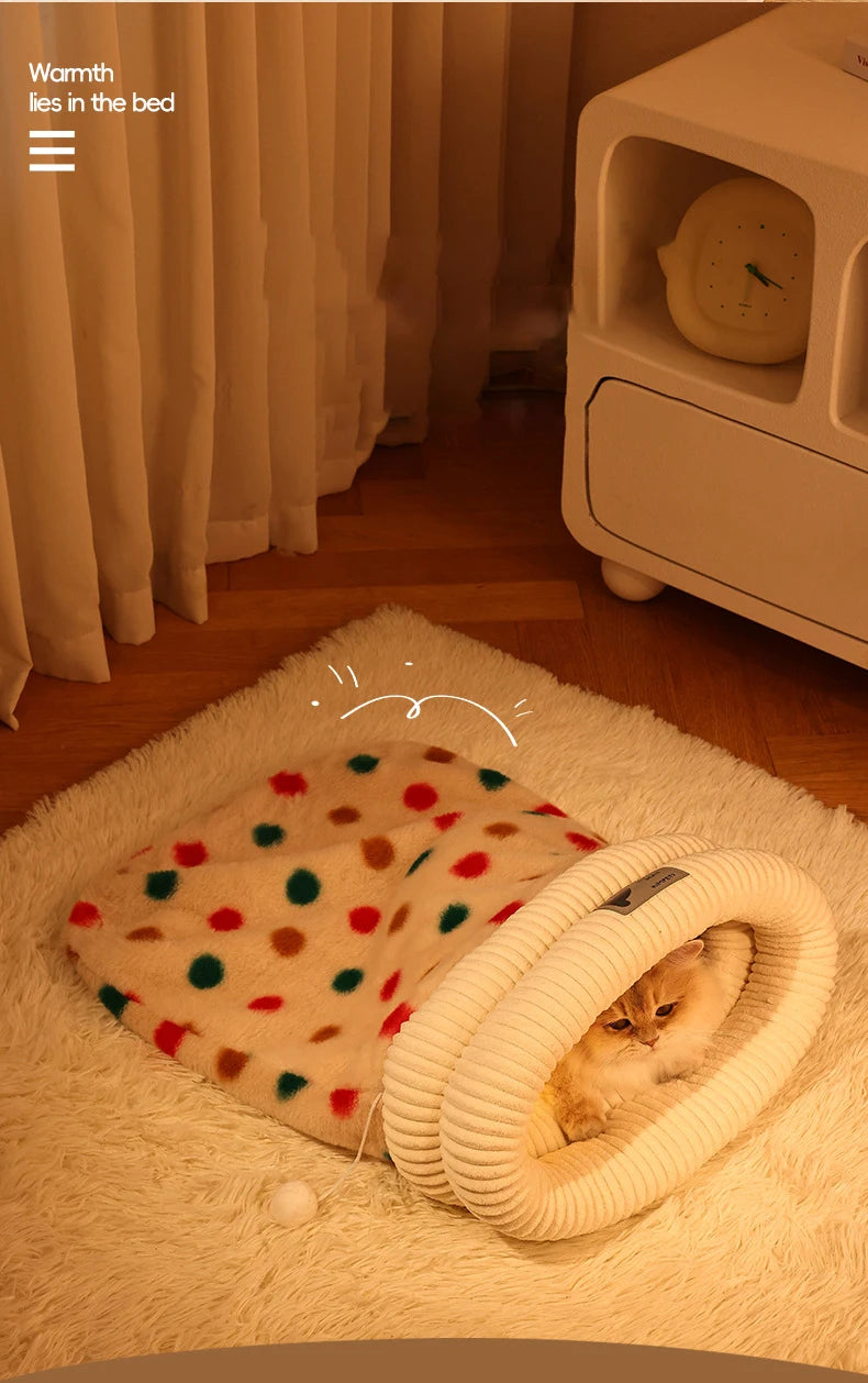 Fashion Dot Design Pet Sleeping Bag Luxury Double Sided Rabbit Fur Indoor Enclosed Warm Cat Bed Christmas New Year Pet Products