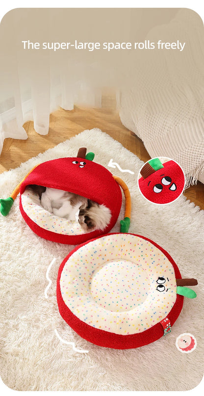 Luxurious Semi-enclosed Plush Cat House Bed Non-slip Soft Comfortable Winter Warm Pet Beds Christmas New Year Pet Accessories