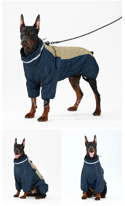 Color‑blocked Four‑Legged Large Dog Winter Coat Comfortable Windproof Reflective Dog Jumpsuit with D‑Ring for Doberman Labrador