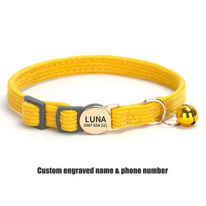 Adjustable Custom Engraved Cat Collar with Bell Anti-lost Durable Comfortable Soft Corduroy Kitten ID Collar Pet Safety Necklace