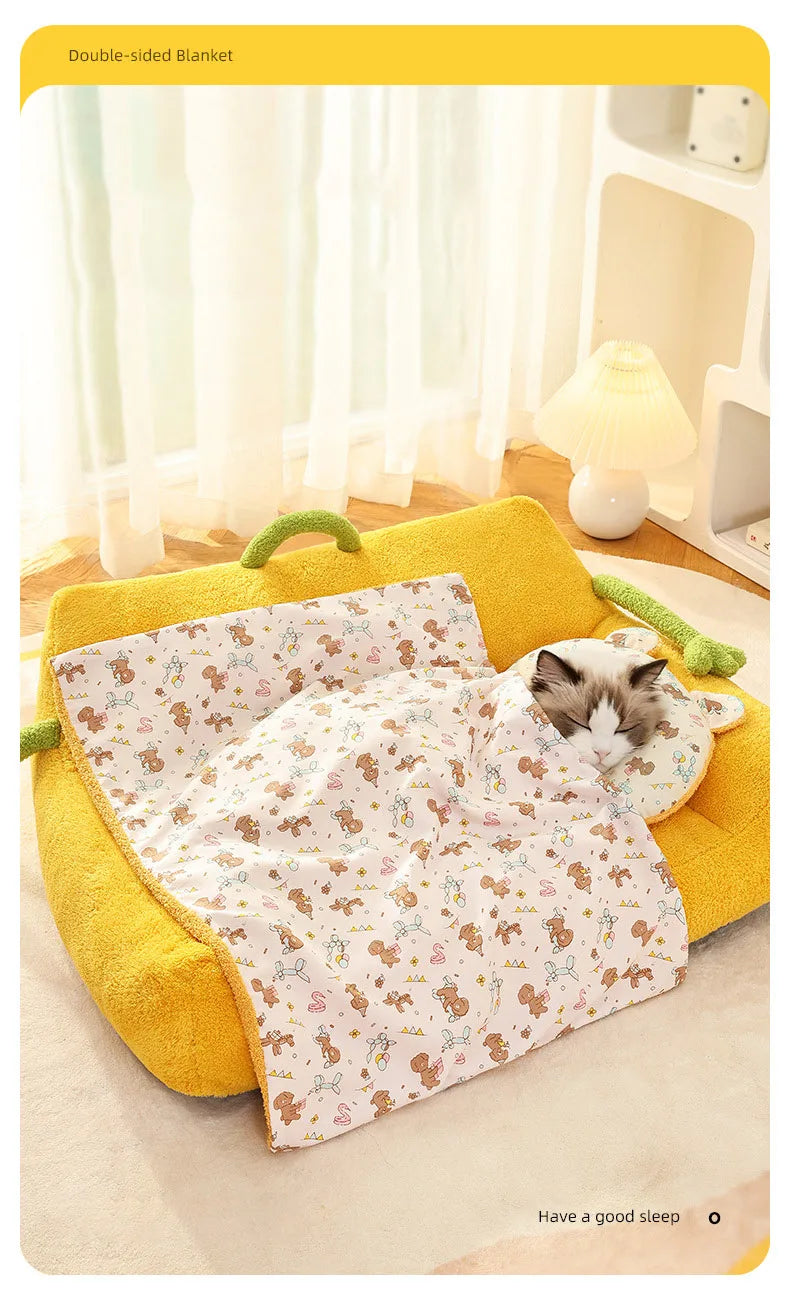 Soft Fluffy Pet Blanket with Pillow Double-sided Design Cute Printed Winter Soft Warm Sleeping Cat Bed Puppy Kitten Supplies