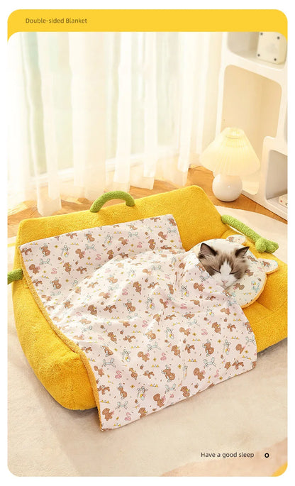 Soft Fluffy Pet Blanket with Pillow Double-sided Design Cute Printed Winter Soft Warm Sleeping Cat Bed Puppy Kitten Supplies