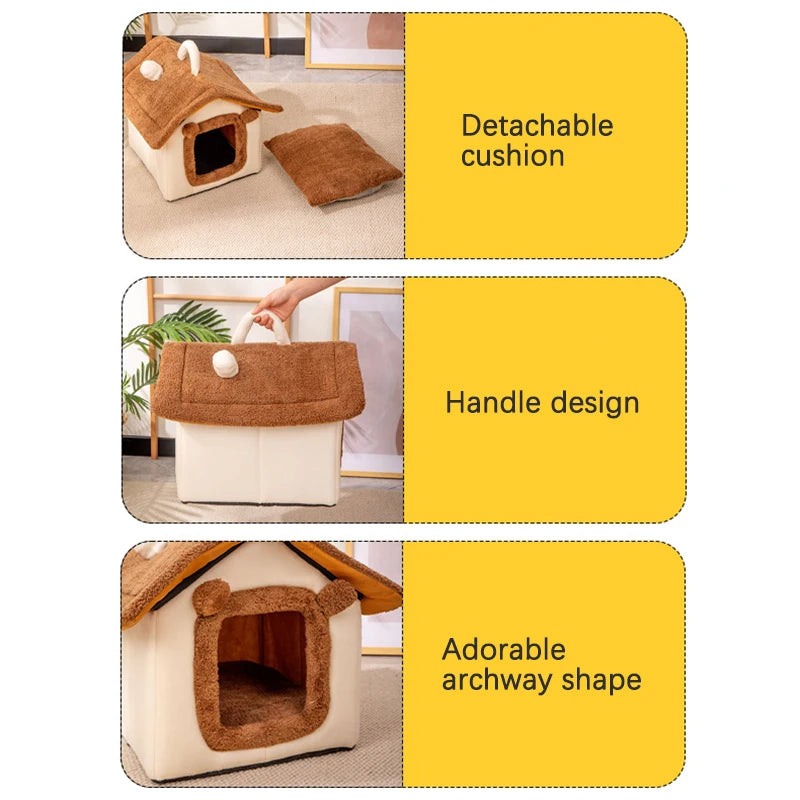 Thickened Foldable Enclosed Pet House for Puppy Cats Detachable Washable Indoor Comfortable Warm Plush Cat Nest Cama Para Gatos