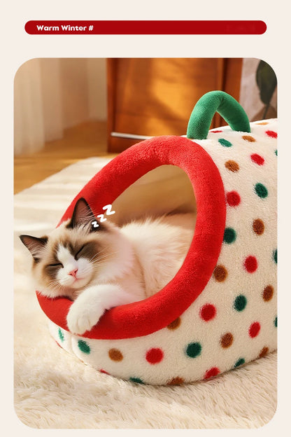 Christmas Portable Luxury Pet Bed Handheld Semi-Closed Dot Design Warm Plush Cat House with Removable Pad Accesorios Para Gatos