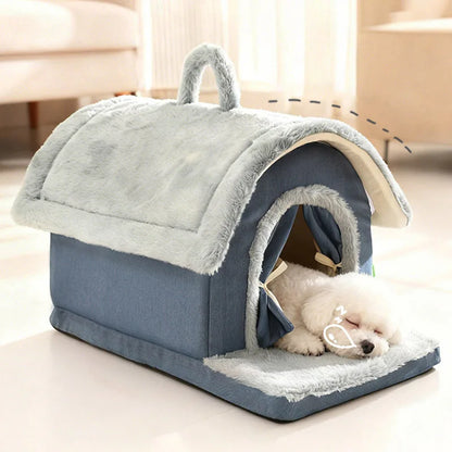Luxurious Removable Dog House with Handle Enclosed Soft Plush Anti-Slip Pet Shelter Warm Calming Indoor Bed for Puppy Puppies