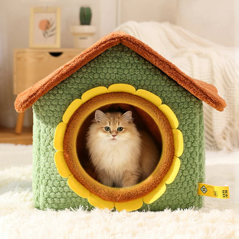 Thickened Enclosed Pet House Cute Sunflower Shape Removable Washable Winter Warm Deep Sleep Cave Sofa for Cats Cama Para Perro