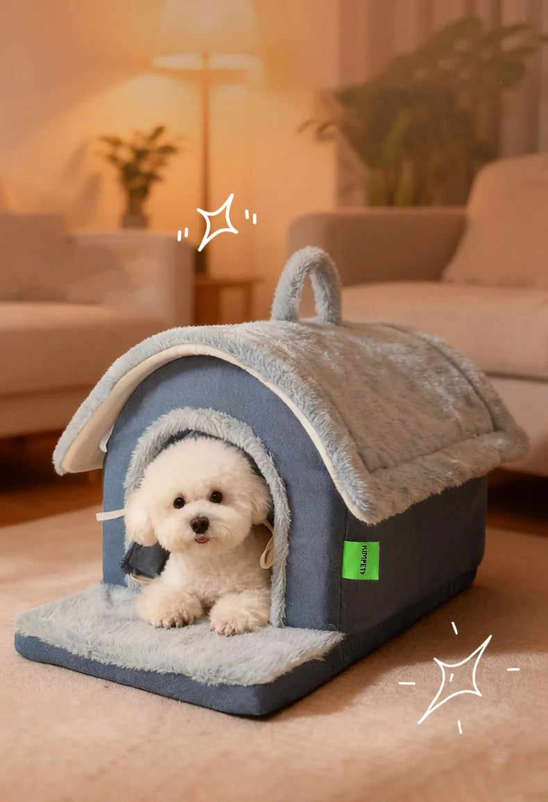 Luxurious Removable Dog House with Handle Enclosed Soft Plush Anti-Slip Pet Shelter Warm Calming Indoor Bed for Puppy Puppies