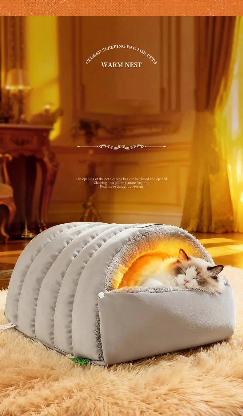 Semi-Enclosed Cat Cave Bed Ultra Cozy Warm Anti-Anxiety Cat Sleeping Bag Soft Large Space Washable Indoor Pet Bed for Kittens
