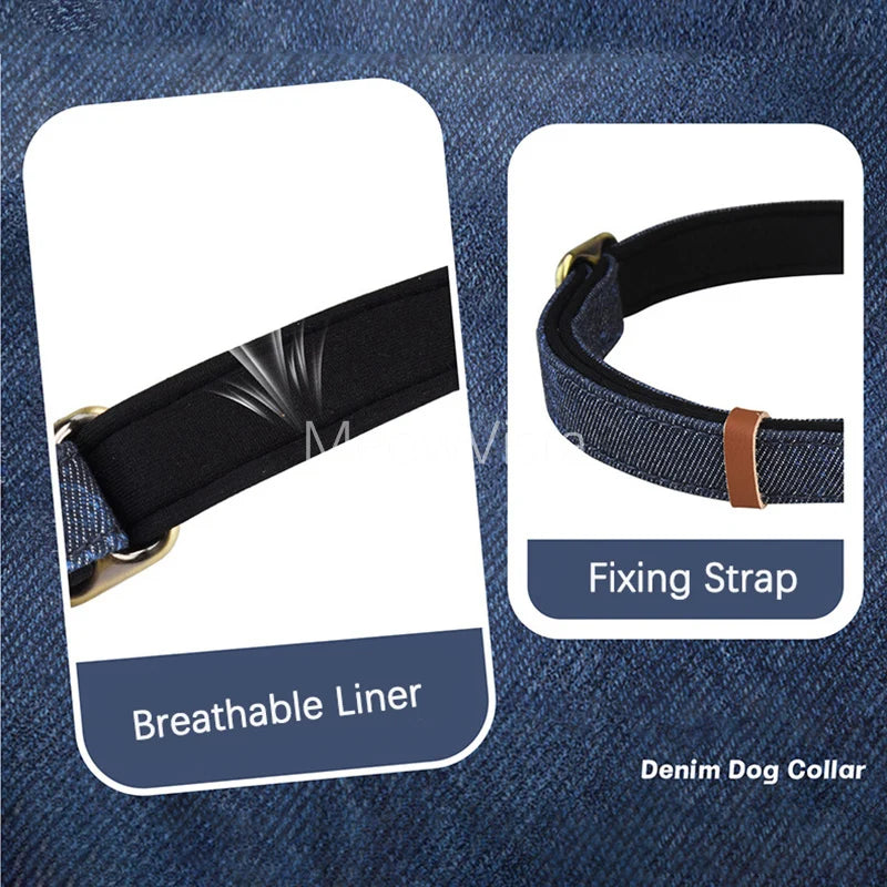 Personalized Denim Dog Collar with Engraved Quick Release Metal Buckle Adjustable Soft Padded anti-lost Pet Collar for Dogs