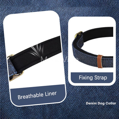 Personalized Denim Dog Collar with Engraved Quick Release Metal Buckle Adjustable Soft Padded anti-lost Pet Collar for Dogs
