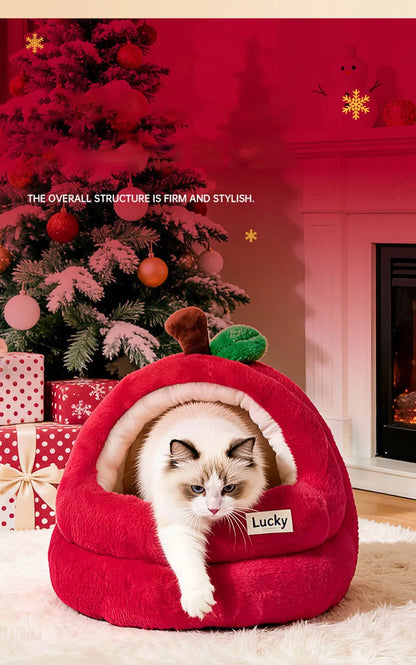 Semi-Enclosed Luxury Red Apple Cat House Large-size Detachable Cushion Warm Sleeping Kitten Cave Bed Christmas Pet Supplies