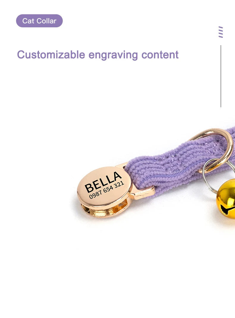 Adjustable Custom Engraved Cat Collar with Bell Anti-lost Durable Comfortable Soft Corduroy Kitten ID Collar Pet Safety Necklace