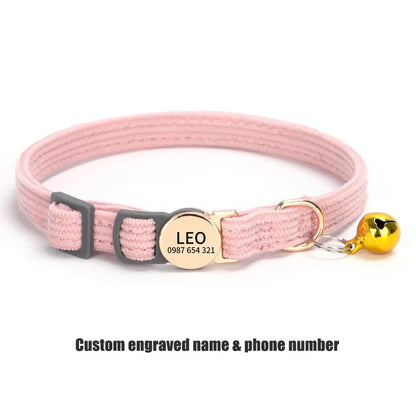 Adjustable Custom Engraved Cat Collar with Bell Anti-lost Durable Comfortable Soft Corduroy Kitten ID Collar Pet Safety Necklace
