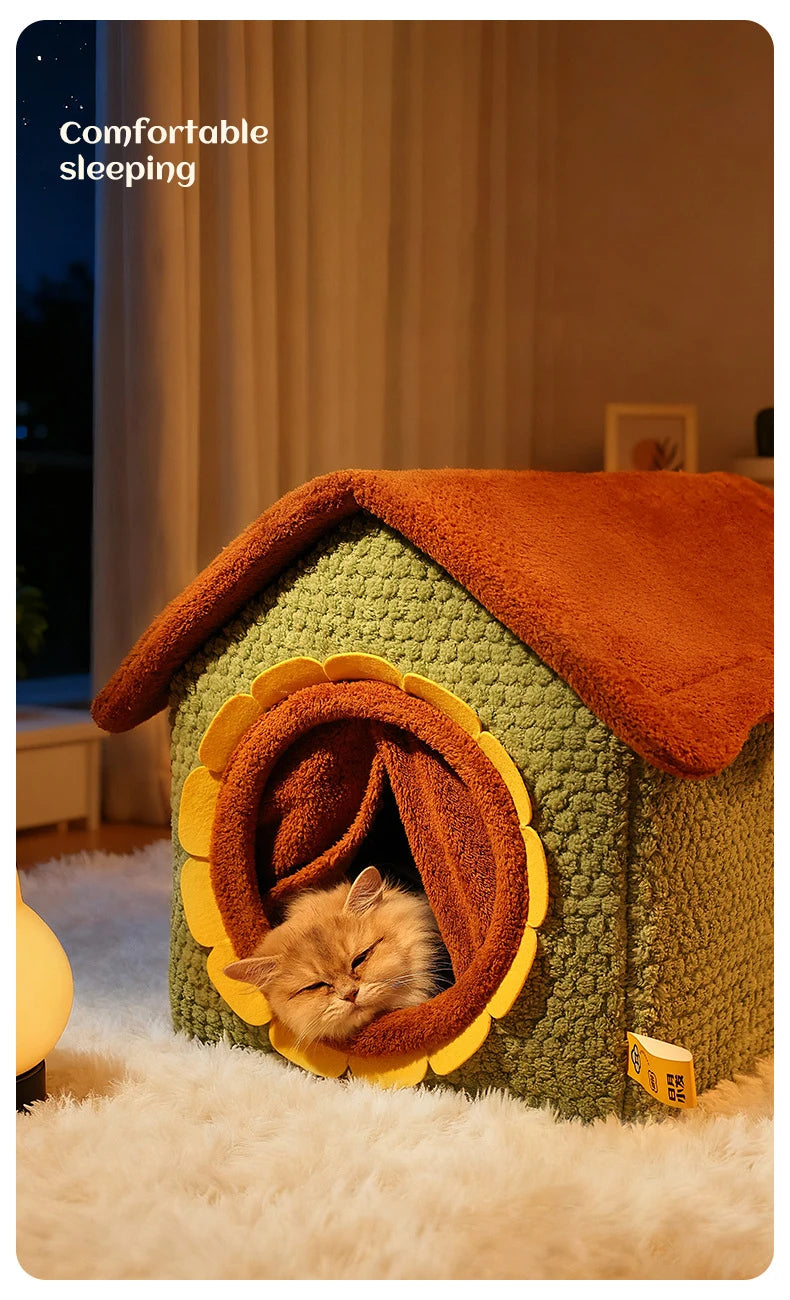 Thickened Enclosed Pet House Cute Sunflower Shape Removable Washable Winter Warm Deep Sleep Cave Sofa for Cats Cama Para Perro