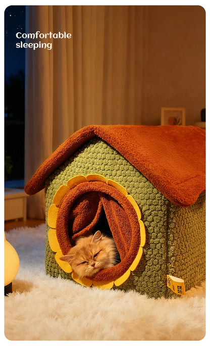 Thickened Enclosed Pet House Cute Sunflower Shape Removable Washable Winter Warm Deep Sleep Cave Sofa for Cats Cama Para Perro