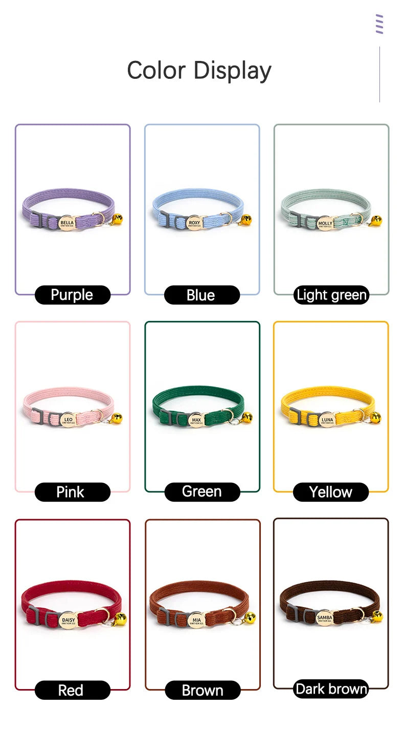 Adjustable Custom Engraved Cat Collar with Bell Anti-lost Durable Comfortable Soft Corduroy Kitten ID Collar Pet Safety Necklace